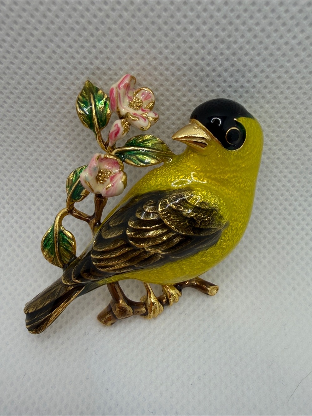 Vintage Yellow Bird Brooch Pin with Floral Accent